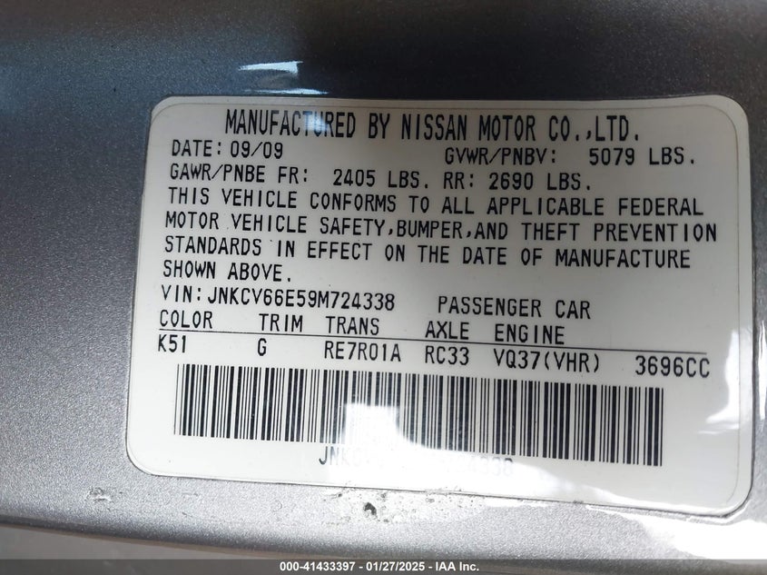 2009 INFINITI G37 VIN: JNKCV66E59M724338