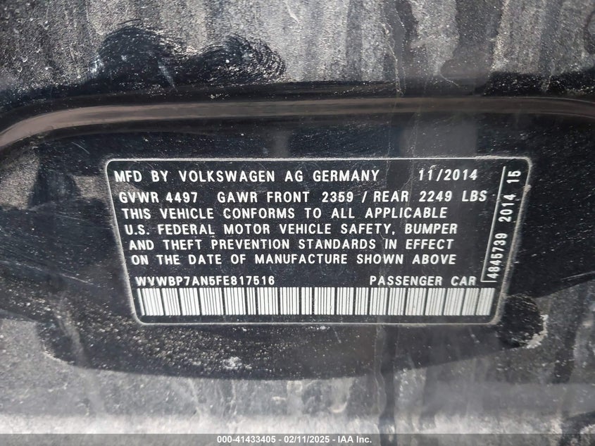 2015 VOLKSWAGEN CC VIN: WVWBP7AN5FE817516