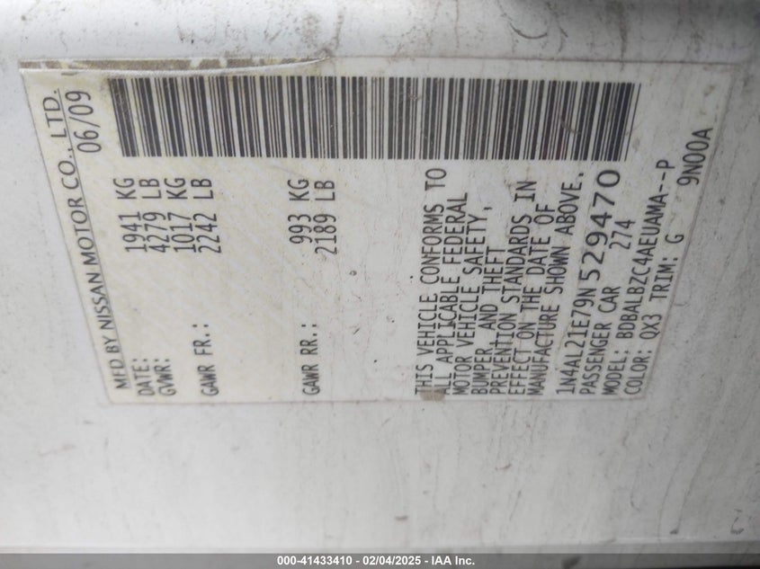2009 NISSAN ALTIMA VIN: 1N4AL21E79N529470