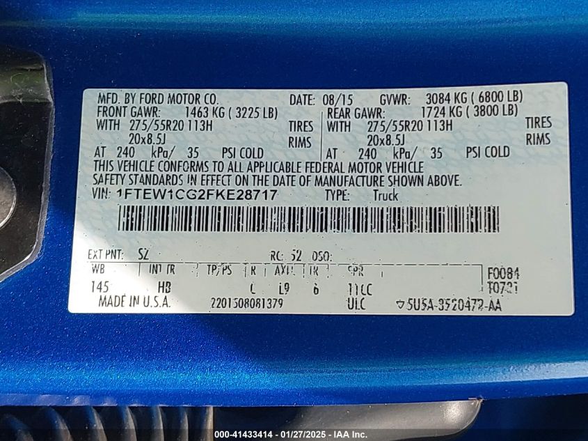 2015 Ford F-150 Lariat VIN: 1FTEW1CG2FKE28717 Lot: 41433414