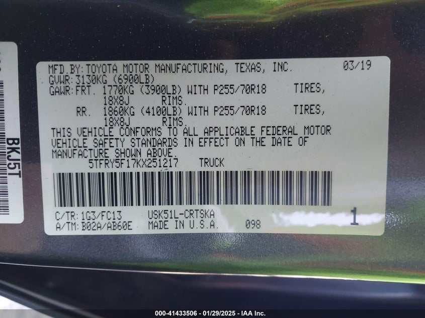 2019 TOYOTA TUNDRA VIN: 5TFRY5F17KX251217