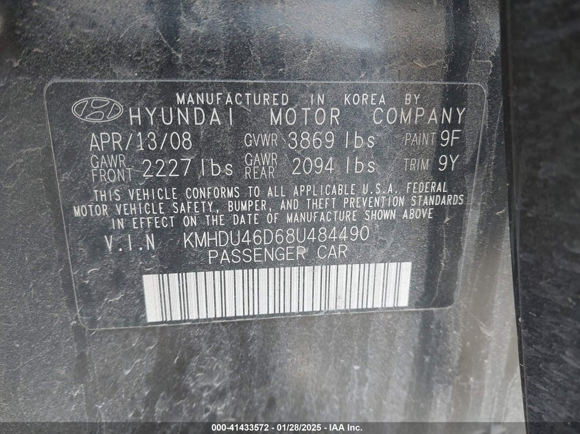 2008 HYUNDAI ELANTRA VIN: KMHDU46D68U484490