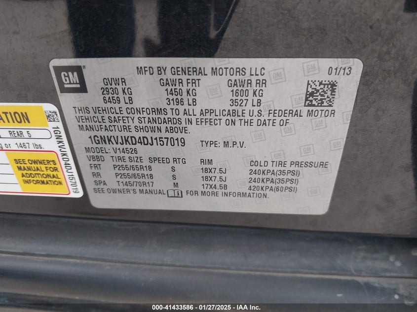 2013 Chevrolet Traverse 2Lt VIN: 1GNKVJKD4DJ157019 Lot: 41433586