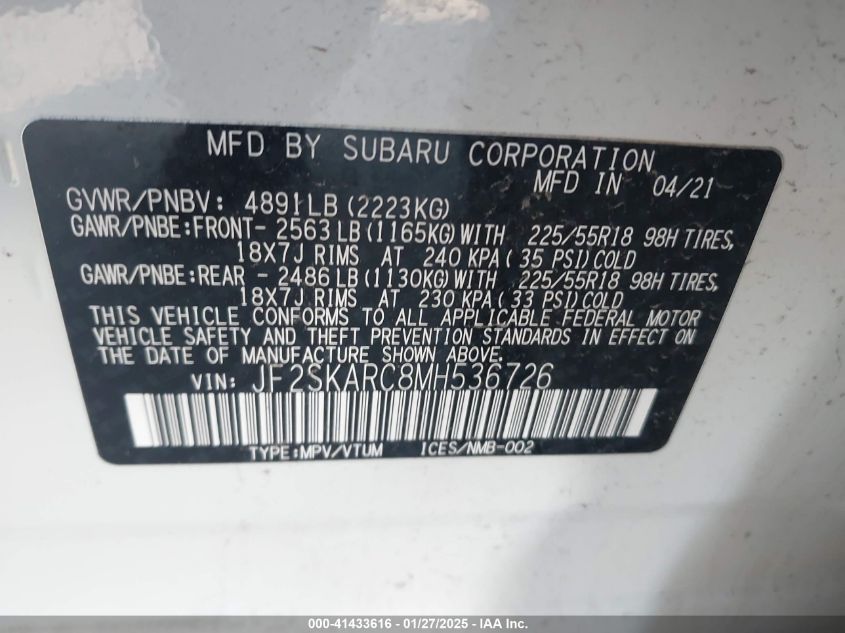2021 Subaru Forester Sport VIN: JF2SKARC8MH536726 Lot: 41433616