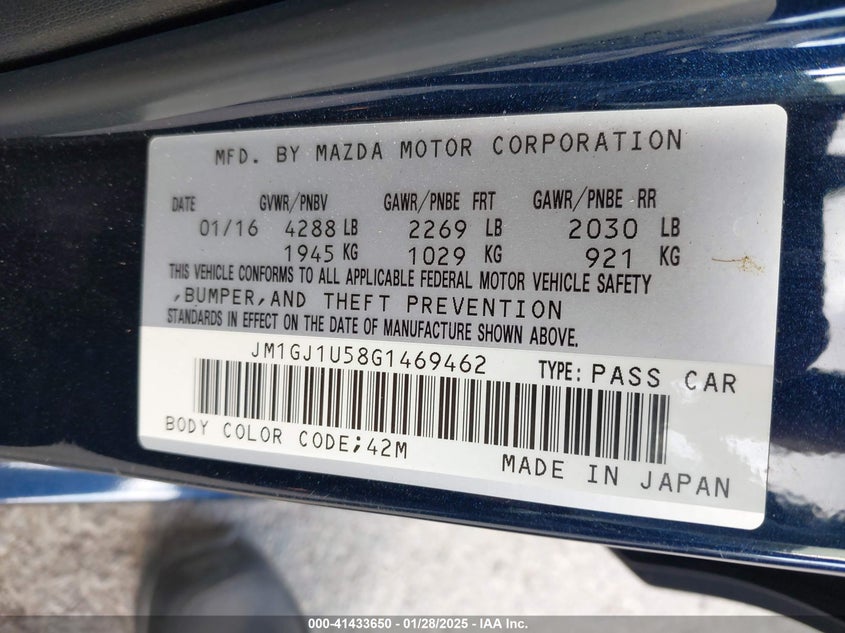 2016 MAZDA 6 VIN: JM1GJ1U58G1469462