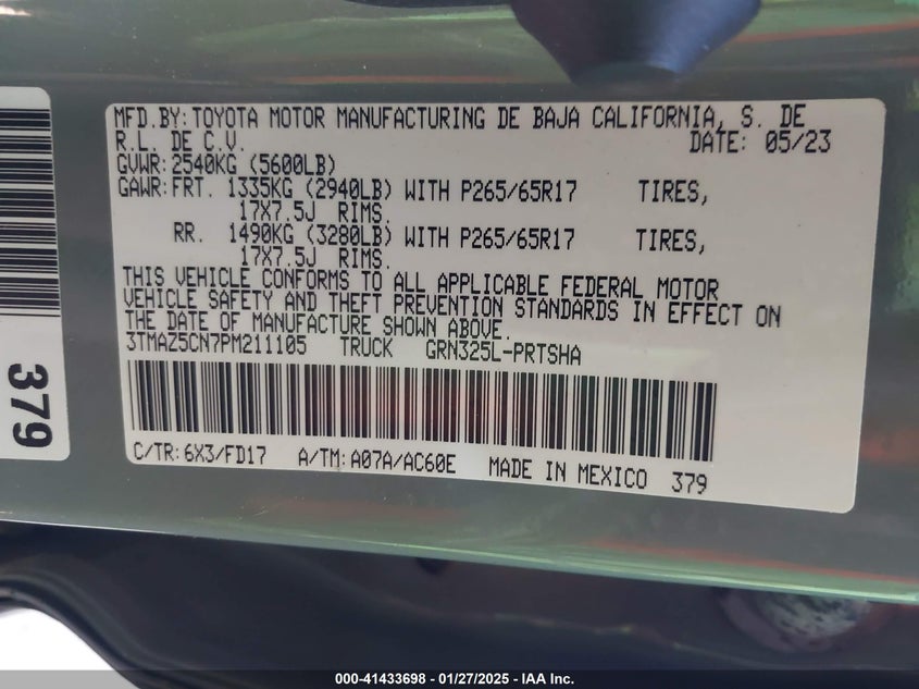 2023 TOYOTA TACOMA VIN: 3TMAZ5CN7PM211105