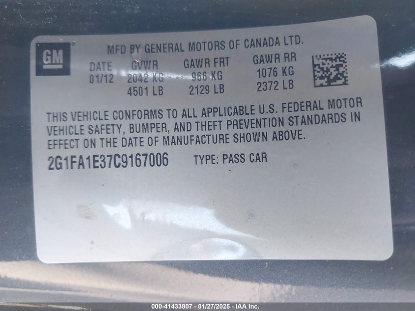 2012 CHEVROLET CAMARO VIN: 2G1FA1E37C9167006