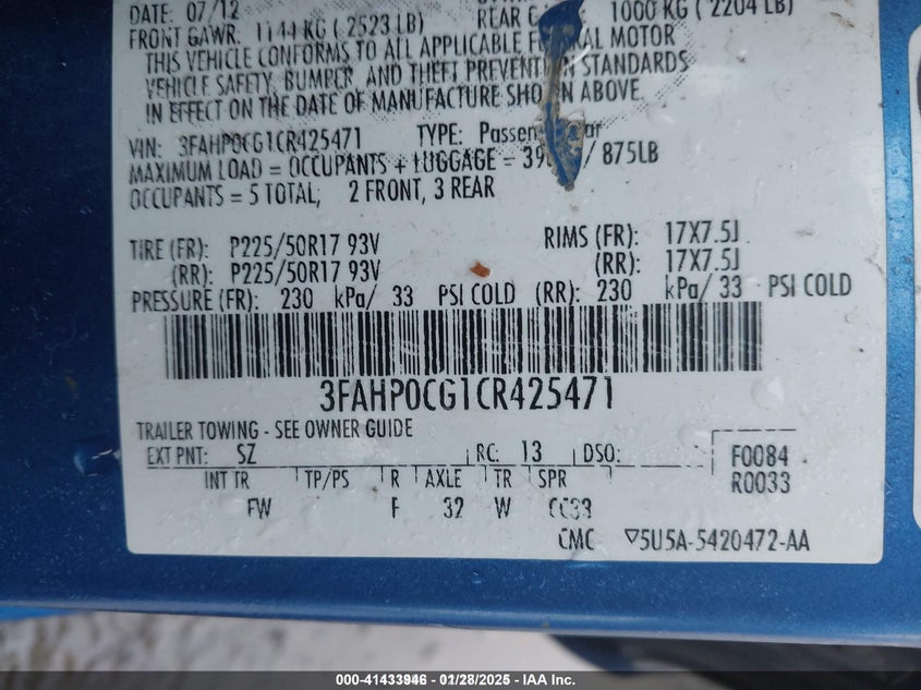 2012 FORD FUSION VIN: 3FAHP0CG1CR425471