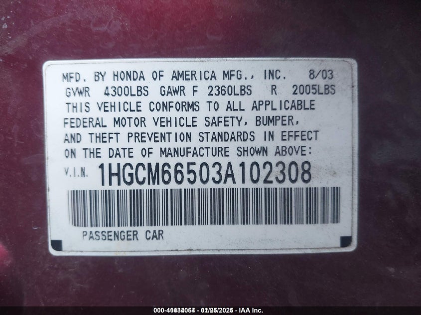 1HGCM66503A102308 2003 HONDA ACCORD photo no. 9