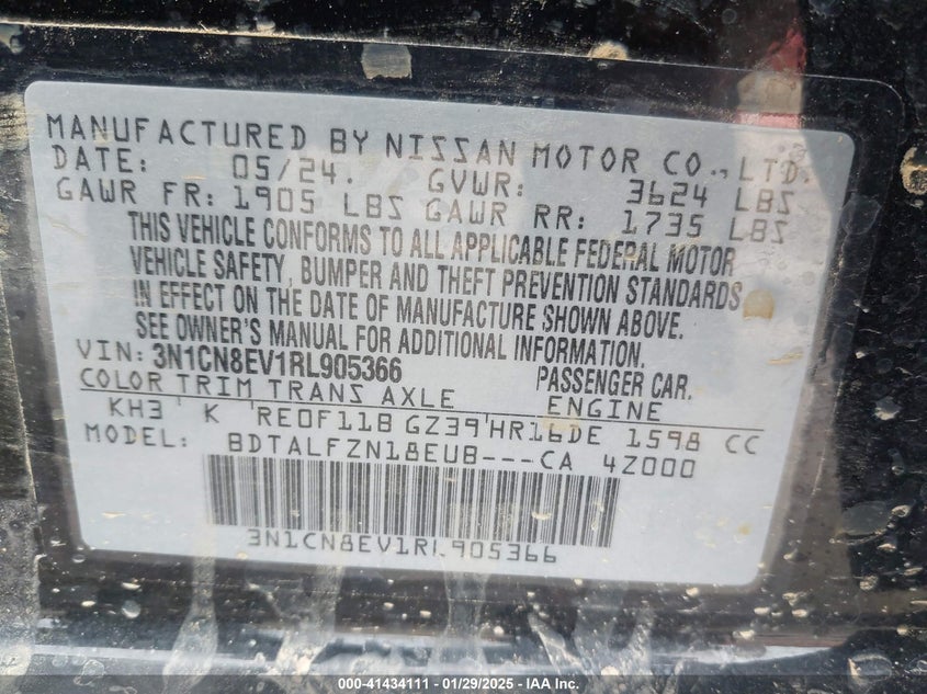 2024 NISSAN VERSA VIN: 3N1CN8EV1RL905366