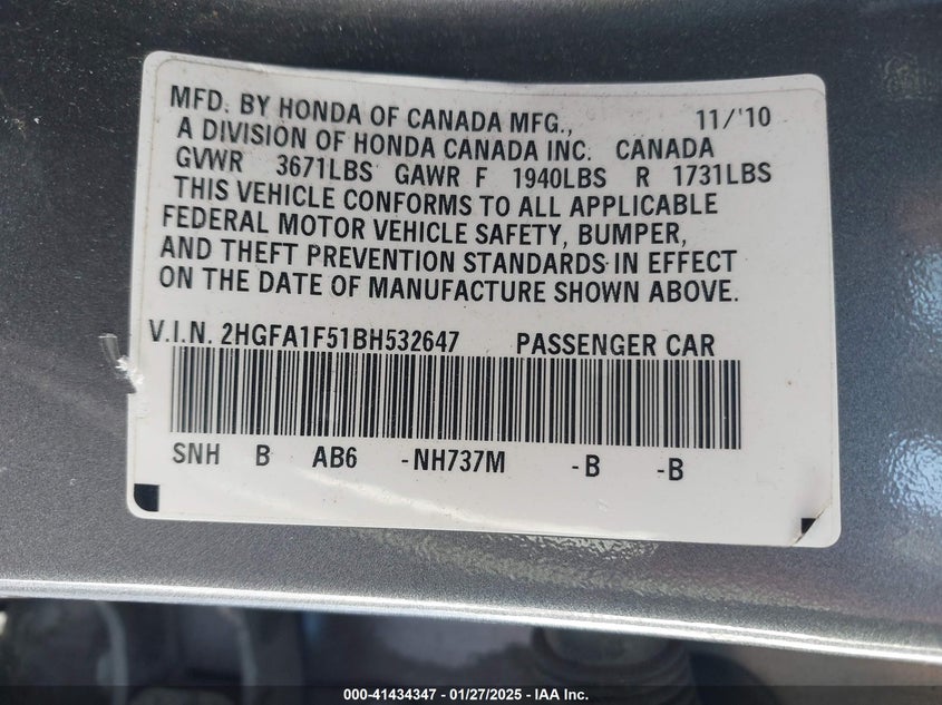 2011 HONDA CIVIC VIN: 2HGFA1F51BH532647