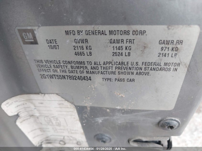 2008 Chevrolet Impala Lt VIN: 2G1WT55N789240434 Lot: 41434454