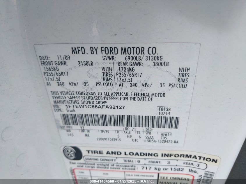 2010 Ford F-150 Xlt VIN: 1FTEW1C86AFA92127 Lot: 41434560