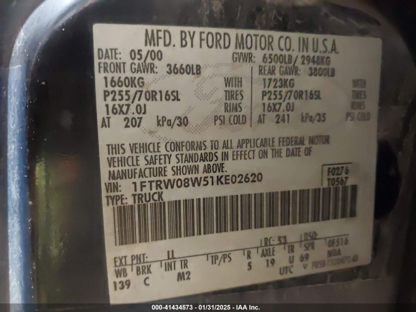 2001 Ford F-150 King Ranch Edition/Lariat/Xlt VIN: 1FTRW08W51KE02620 Lot: 41434573