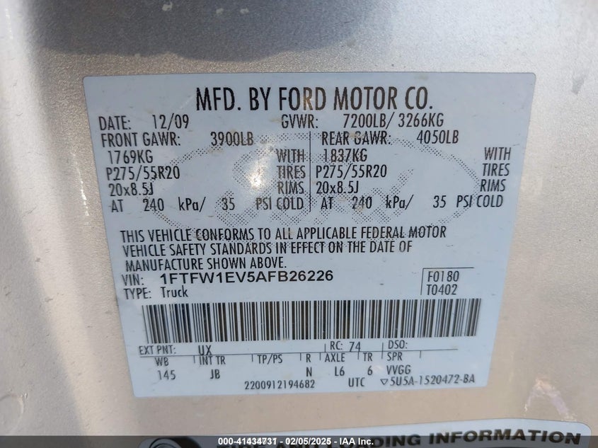 2010 FORD F-150 VIN: 1FTFW1EV5AFB26226