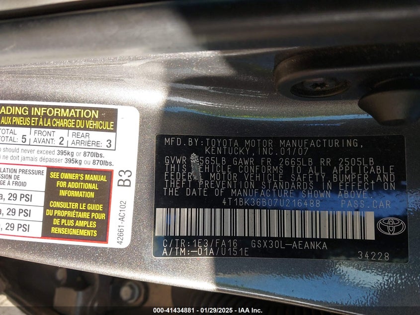 2007 TOYOTA AVALON VIN: 4T1BK36B07U216488
