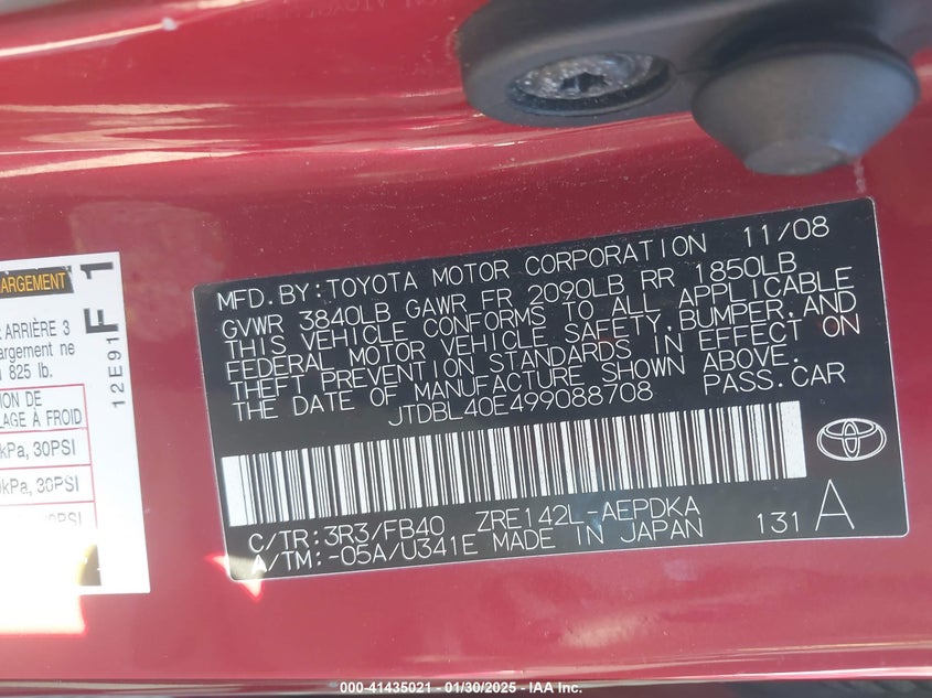 2009 TOYOTA COROLLA VIN: JTDBL40E499088708