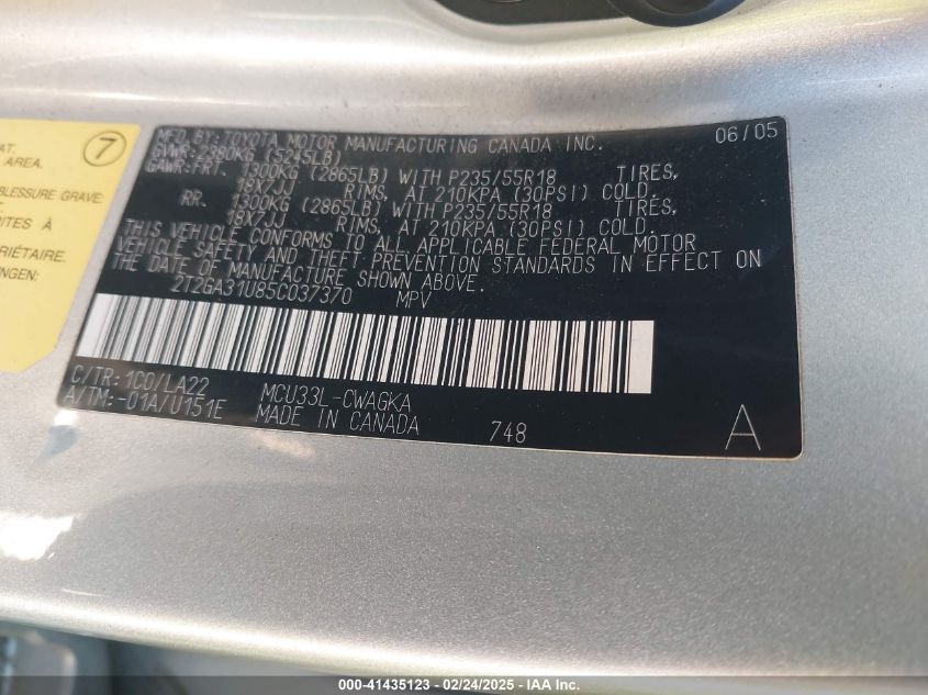 2005 Lexus Rx 330 VIN: 2T2GA31U85C037370 Lot: 41435123