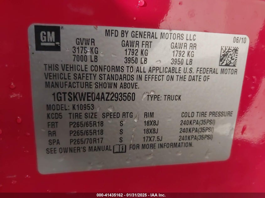 2010 GMC SIERRA 1500 VIN: 1GTSKWE04AZ293560