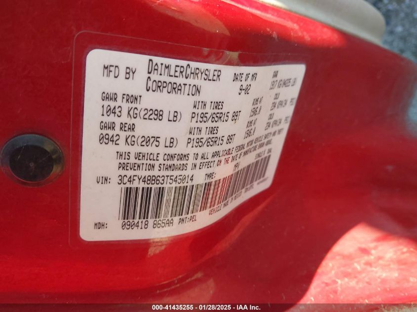 2003 Chrysler Pt Cruiser VIN: 3C4FY48B63T545014 Lot: 41435255