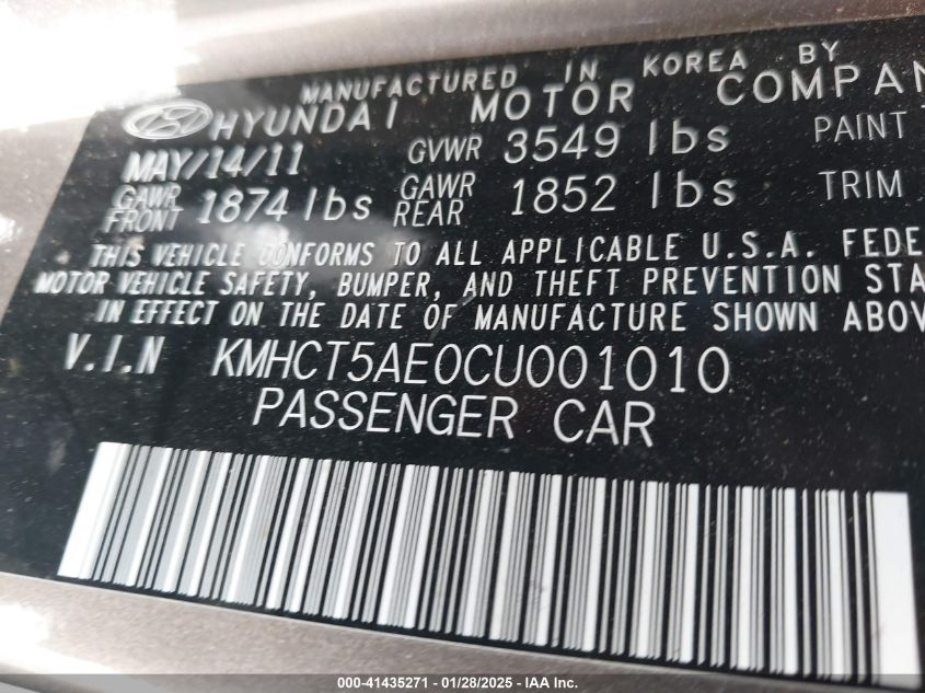 2012 Hyundai Accent Gs VIN: KMHCT5AE0CU001010 Lot: 41435271