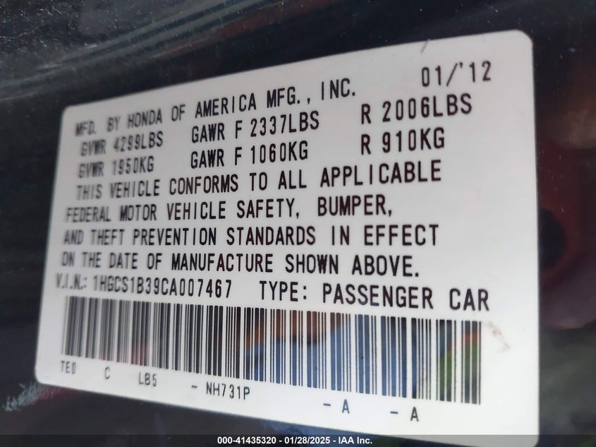 2012 HONDA ACCORD VIN: 1HGCS1B39CA007467