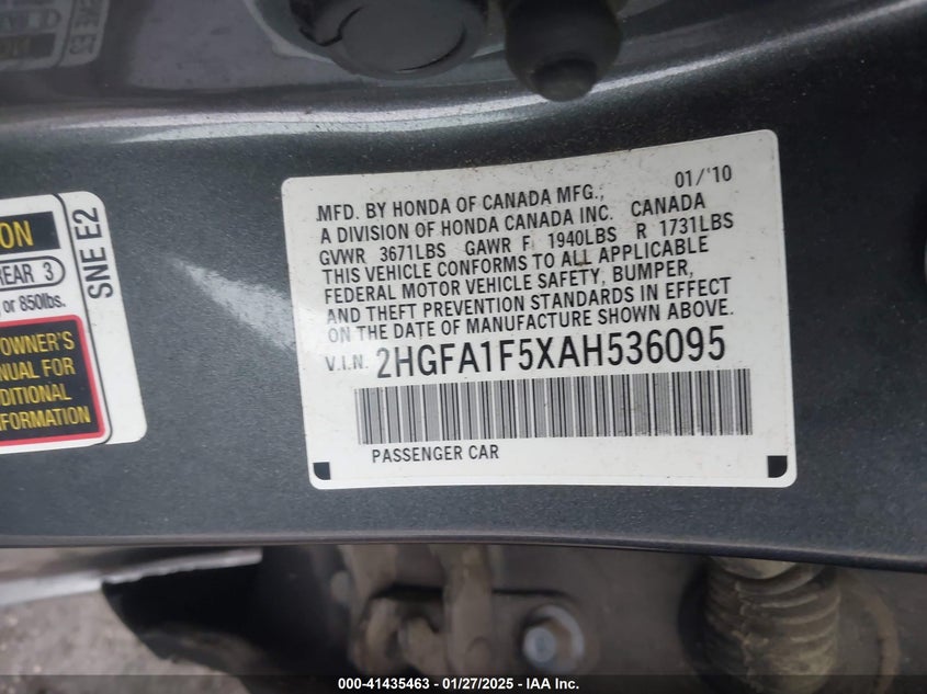 2010 HONDA CIVIC VIN: 2HGFA1F5XAH536095