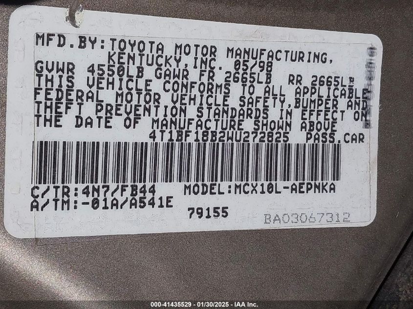 1998 Toyota Avalon Xl VIN: 4T1BF18B2WU272825 Lot: 41435529