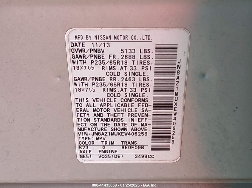 2014 Nissan Murano Sv VIN: JN8AZ1MUXEW406258 Lot: 41435659