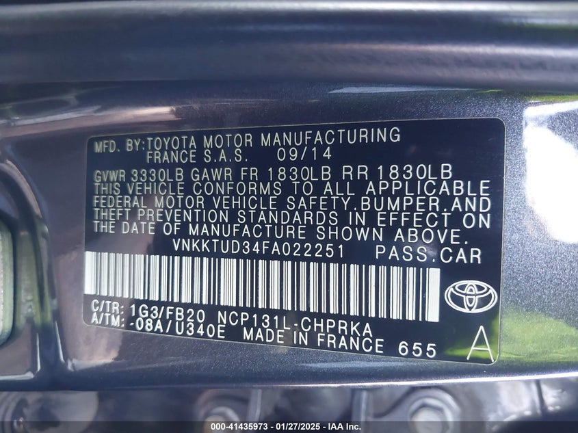 2015 TOYOTA YARIS VIN: VNKKTUD34FA022251
