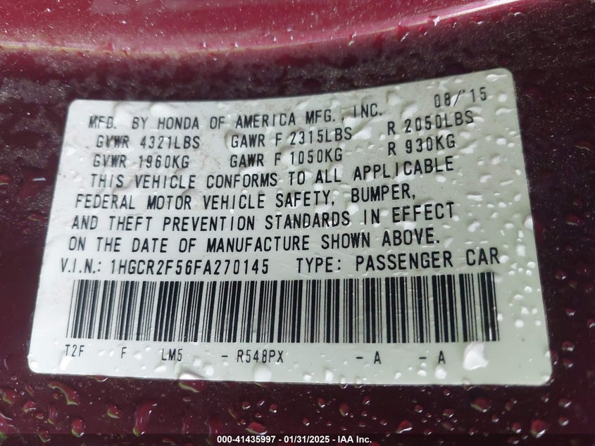 2015 HONDA ACCORD VIN: 1HGCR2F56FA270145