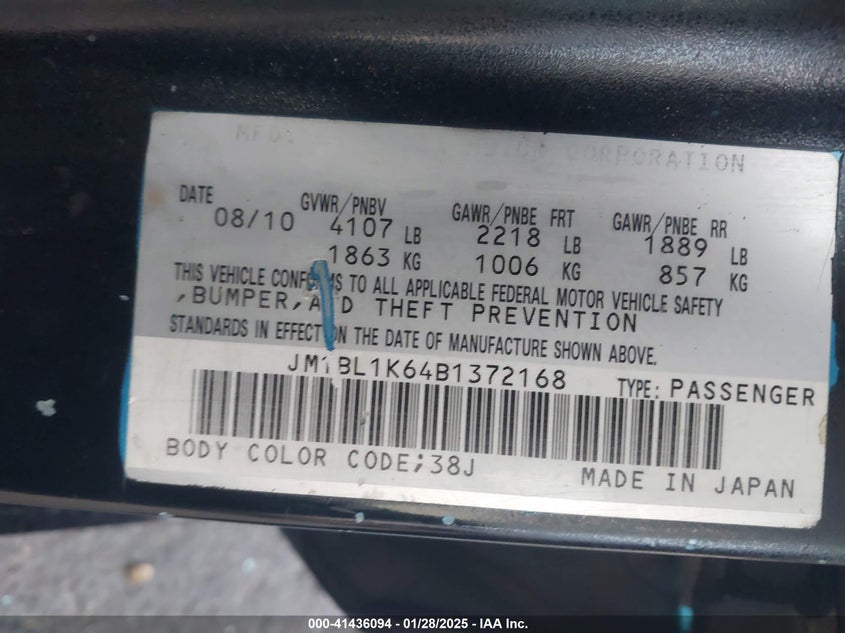2011 MAZDA MAZDA3 VIN: JM1BL1K64B1372168