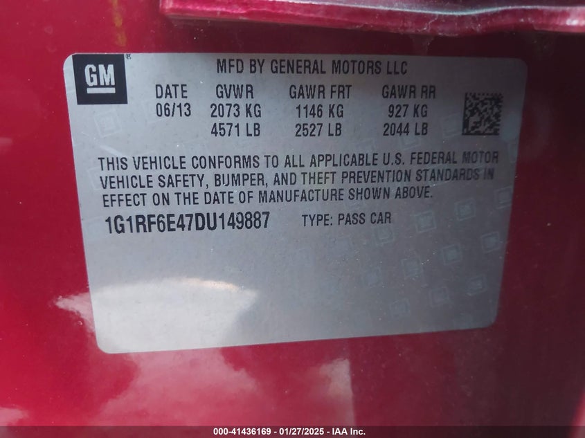 2013 CHEVROLET VOLT VIN: 1G1RF6E47DU149887