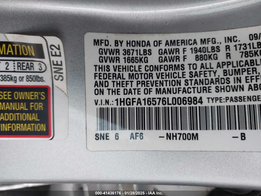 2006 HONDA CIVIC VIN: 1HGFA16576L006984