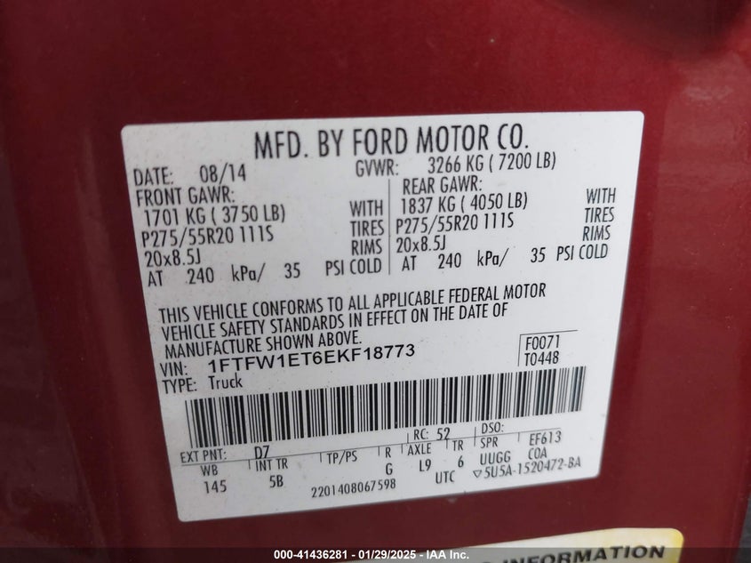 2014 FORD F-150 VIN: 1FTFW1ET6EKF18773