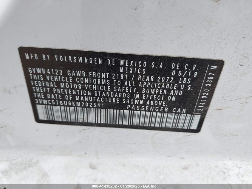 2019 VOLKSWAGEN JETTA VIN: 3VWC57BU6KM202541