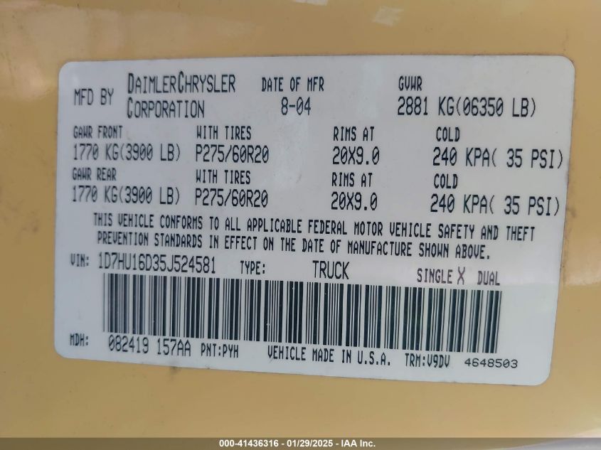 2005 Dodge Ram 2500 St VIN: 3D7KS26D15G814935 Lot: 41436316