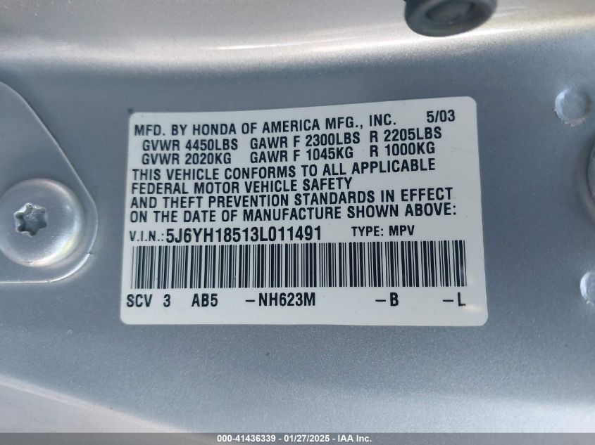 2003 Honda Element Ex VIN: 5J6YH18513L011491 Lot: 41436339