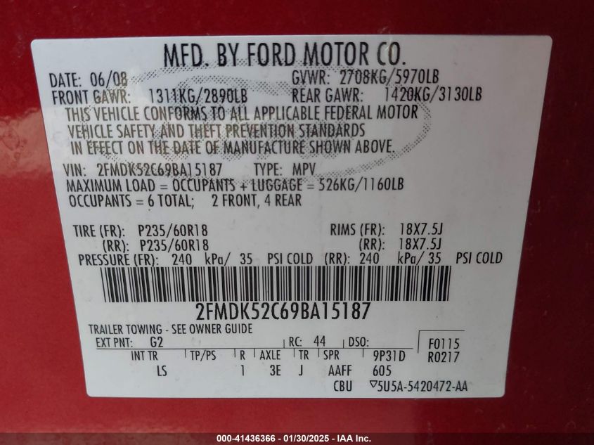 2009 Ford Flex Sel VIN: 2FMDK52C29BA15187 Lot: 41436366