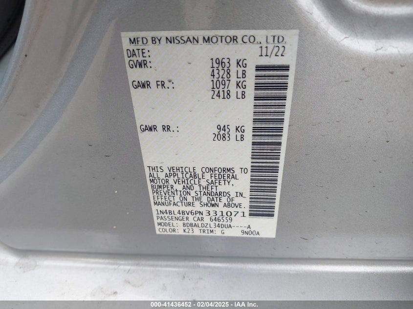 2023 NISSAN ALTIMA VIN: 1N4BL4BV6PN331071