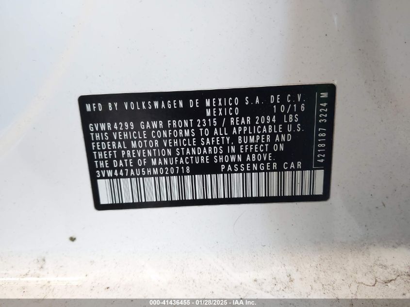 2017 Volkswagen Gti VIN: 3VW447AU5HM02718 Lot: 41436455