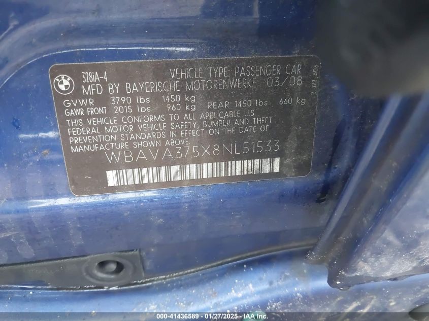 2008 BMW 328I VIN: WBAVA375X8NL51533 Lot: 41436589