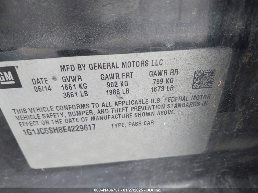 2014 CHEVROLET SONIC VIN: 1G1JC6SH8E4229617