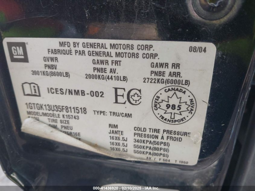 2005 GMC Sierra 1500Hd Sle/Slt VIN: 1GTGK13U35F811518 Lot: 41436920