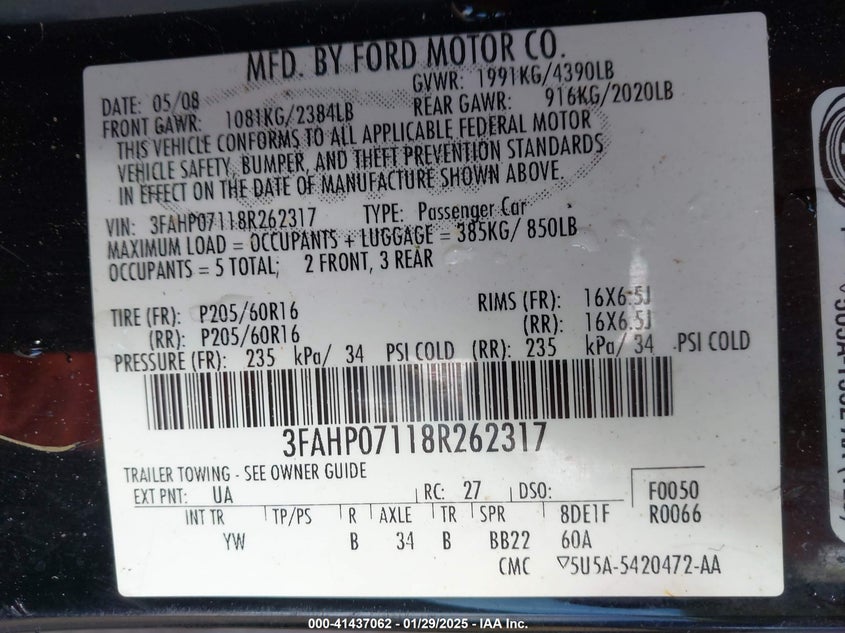 2008 Ford Fusion Se VIN: 3FAHP07118R262317 Lot: 41437062