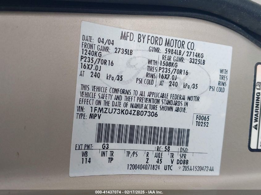 2004 Ford Explorer Nbx/Xlt VIN: 1FMZU73K04ZB07306 Lot: 41437074