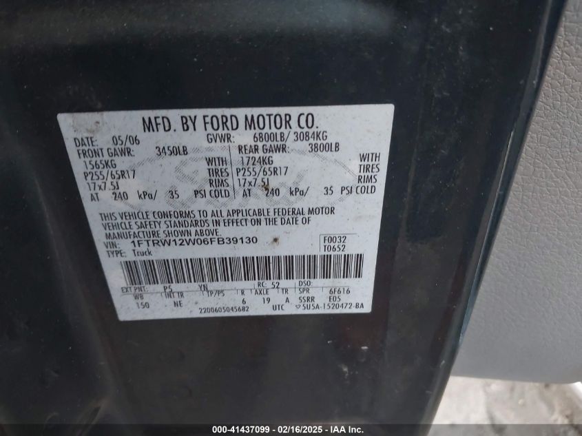 2006 Ford F-150 Xlt VIN: 1FTRW12W06FB39130 Lot: 41437099