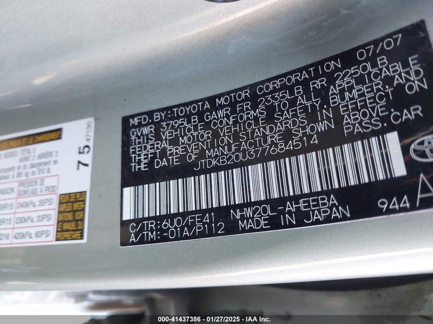 2007 TOYOTA PRIUS VIN: JTDKB20U377684514
