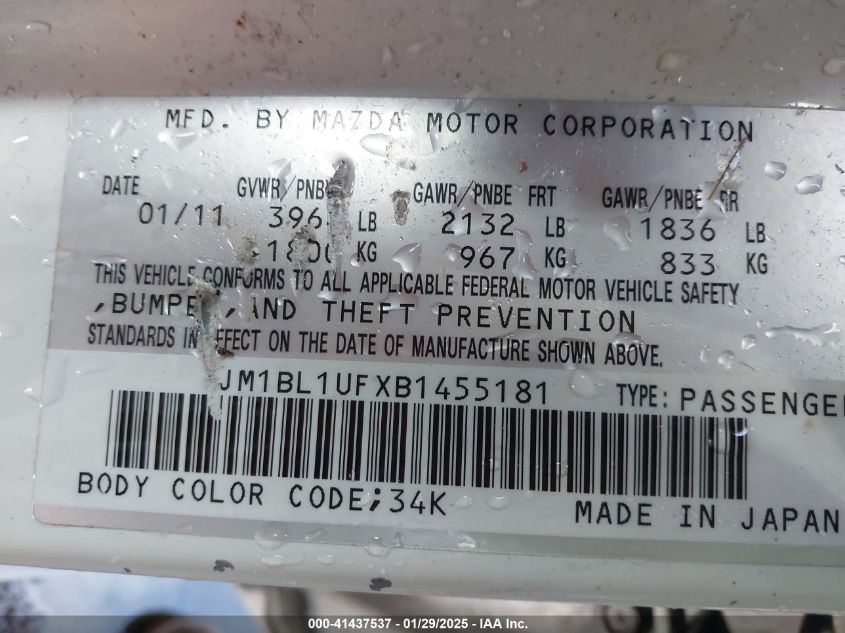 2011 Mazda Mazda3 I Sport VIN: JM1BL1UFXB1455181 Lot: 41437537