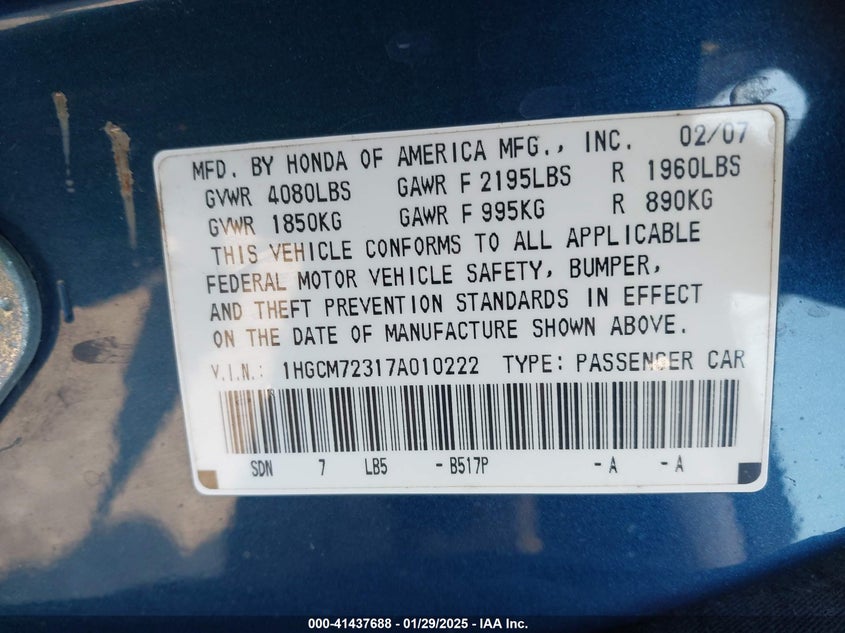 2007 HONDA ACCORD VIN: 1HGCM72317A010222